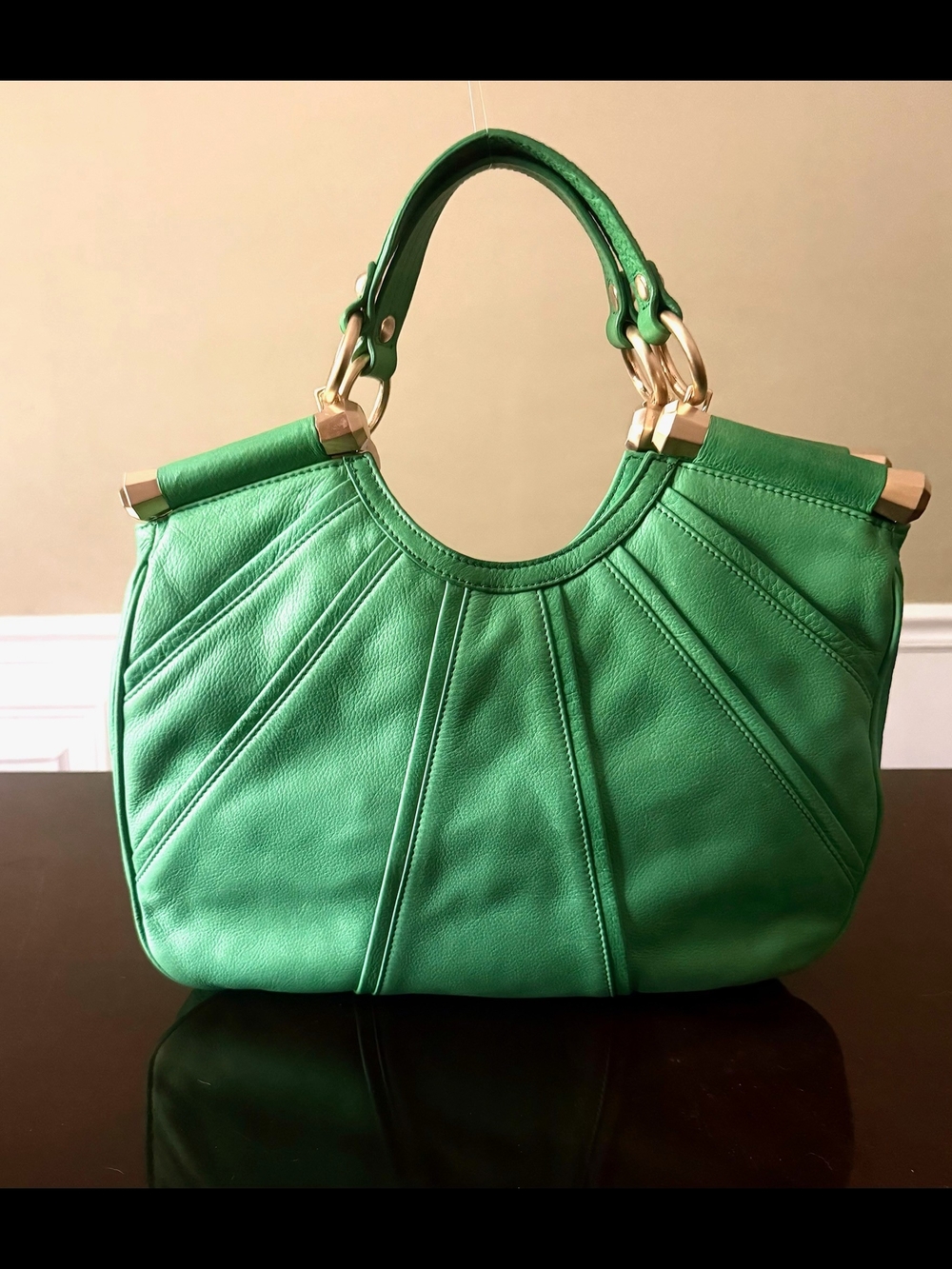B. Makowsky Florence Shopper Green Shoulder Bag with Gold Hardware - Picture 2 of 7